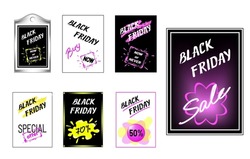 Set of Black Friday commercial banners, cards, flyers, labels, or stickers, with a sample of tag. Grunge style brush stroke, ink or paint splash and lettering, neon slogans for prints, web design, ads