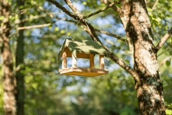 Bird house on a tree branch in the forest