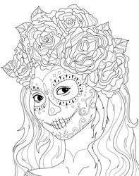 Black and white anti-stress paint. Contour painting. A girl with traditional Katrina makeup for the day of death celebration. For anti-stress books, relax. - Vector graphics