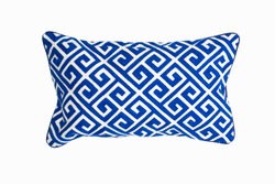 Decorative rectangular pillow, with geometric pattern in blue and white color, isolated on white background