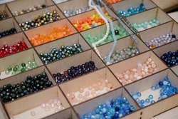 A variety of beads for necklaces and other jewelry.Various pearl beads close-up