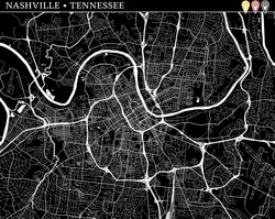 Simple map of Nashville, Tennessee, USA. Black and white version for clean backgrounds and prints. This map of Nashville contains three markers who are grouped and can be moved separetly