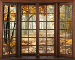 3d window view. Autumn landscape.