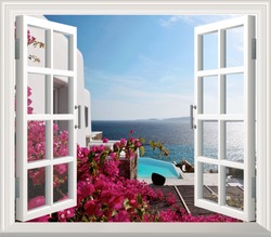 Beautiful view of sea from the window. Landscape wallpaper murals scenery window 3d. 