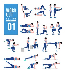 Women Workout Set. Women doing fitness and yoga exercises. 