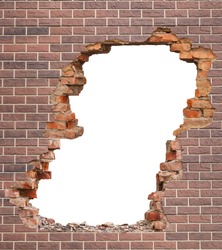 Broken hole in an old brick wall