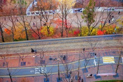 aerial view of famous Deoksu Gung Royal Palace Stonewall Walkway in Seoul, South Korea late autumn