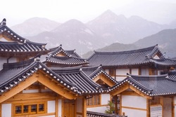 Traditional Korean wall style and historical house symbol architecture at Bukchon Hanok Village in Seoul, South Korea.