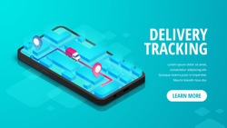 Delivery online tracking isometric banner concept smartphone with map, truck, pin on screen. Logistic order track e-commerce service 3d design. Shipping Vector illustration for web, mobile app, advert