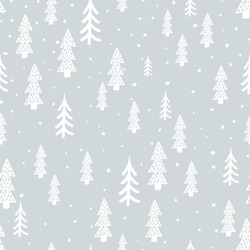 Winter forest scandinavian hand drawn seamless pattern. New Year, Christmas, holidays gray texture with fir tree for print, paper, design, fabric, decor, gift wrap, background. Vector illustration