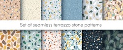Vector Terrazzo flooring seamless patterns set. Abstract natural color italian textured stone surface, terrazzo concrete. Classic granite natural terrazzo floor. Interior design, background collection