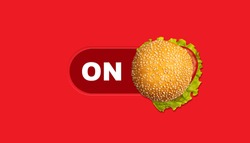 Burger ON- burger on red background shop on the concept. Digital fast food or restaurant concept