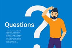 Young man standing near big question symbol and he needs to ask help or advice via live chat, help desk or faq. Flat concept vector illustration of online support on blue background