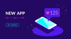 New app or social networks for chatting, blogging and sharing news. Flat vector neon website template and landing page design of smartphone with speech bubble message from friends in social networks