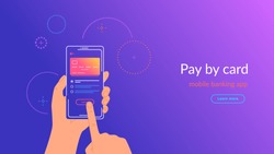 Mobile banking app and payment by credit card via electronic wallet wirelessly and easy. Bright vector illustration of online mobile paying by phone and connected credit card