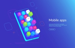Isometric smartphone with various applications flying out the screen. Mobile apps icons for social media, messages and calls, maps, weather and smart home. Gradient dynamic design for landing page