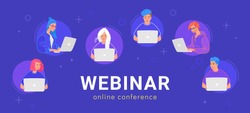 Webinar online conference. Concept flat vector illustration of young various teenagers using laptop for remote learning and working online. Group of young people staying at home and working remotely