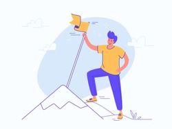A new milestone reached. Flat vector illustration of young smiling man is standing on the top of a mountain and holds a yellow flag. Concept design for goals achievement and targets achieved