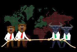 Financial market conceptual illustration of competition between wolfs and bears on global black day