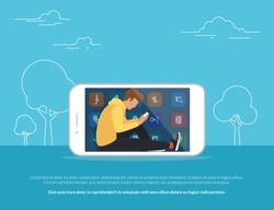 Young guy sitting into the big smartphone outdoors and using his own cellphone for social networking, texting, reading news and websites browsing. Flat concept illustration of smartphone addiction