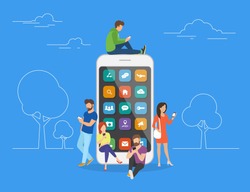 Young men and women are standing near big smartphone and using smart phones, reading news and texting message to friends. Flat vector concept illustration of smartphone usability on blue background