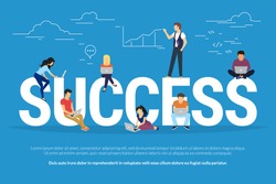 Success concept illustration of young people having the workshop and brainstorming for new brand to achieve successful business result. Flat design of guys and women sitting on big letters and working