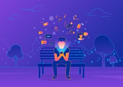 Young man sitting in the street and texting messages using smartphone. Gradient line vector illustration of social networking, reading news, sending email and texting friends. Internet addicted teens
