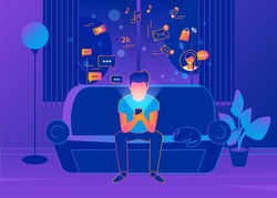 Man sitting at home on the couch and texting messages using smartphone. Gradient line vector illustration of social networking, reading news, sending email and texting friends. Internet addicted teens