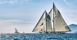 Sailing ship race. Classic yacht under full sail at the regatta