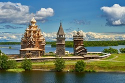 View of Kizhi Island, Historic Site of wooden Churches and Bell Tower-Republic of Karelia. Onega lake, Russia