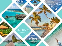 Travel concept photo collage. Tropical beach and water bungalows. Travel and tourism to luxury resorts in the Maldives islands