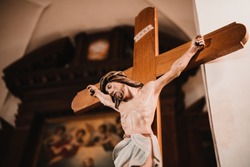 Crucifix, Jesus on the cross in church. 