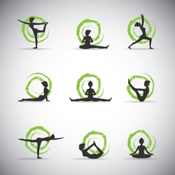 9 vector yoga pose silhouettes with green background