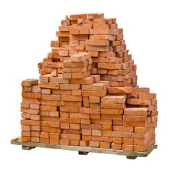A stack of red clay bricks isolated on a white background