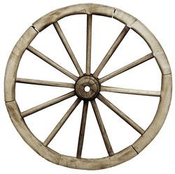 Big vintage rustic wooden wagon wheel isolated on white