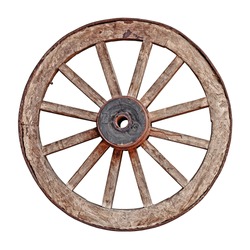 Old wooden grunge wagon wheel isolated on white background