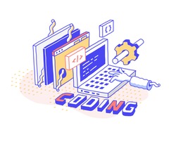 Vector  illustration in modern isometric style. Curved lines, cartoon design. Programmer's laptop, coding, website creation workflow