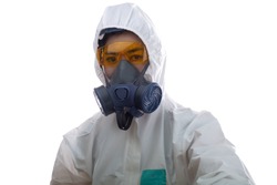 Woman in chemical protective clothing and half mask replaceable particulate filter respirator  with glasses at white background, Safety virus infection concept


