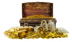 A lot of stacking gold coins in treasure stack and gold bar 1kg on white background