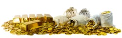 A lot of stacked gold bullion bars and gold coins in a treasure sack on a white background