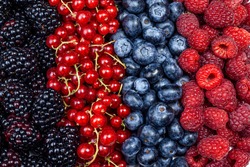 Berries background. Raspberry, Blueberry, Blackberry and currant, sweet and ripe berries mix.