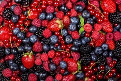 Various fresh summer berries backgrounds. Strawberry, blueberry, raspberry red currant and blackberry mix. Top view, flat lay.