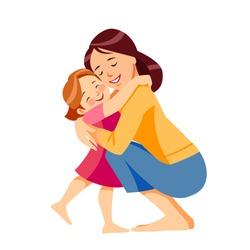 Mother and child. Mom hugging her daughter with a lot of love and tenderness. Mother's day, holiday concept. Cartoon flat isolated vector design.