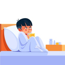 Sick child with seasonal infections, flu, allergy lying in bed. Sick boy covered with a blanket lying in bed with high fever and a flu, resting. Coronavirus. Quarantine. Cartoon vector illustration