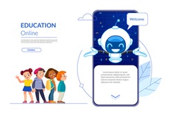 Smart Chatbot, Cyber Robot teaches children, student knowledge. Digital Classroom Online Education kindergarten back to school concept. learning on phone, mobile website. Cartoon vector illustration