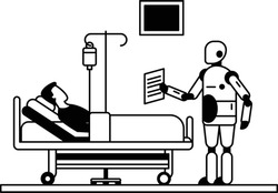 cobot taking care of patient vector icon design, Robotic medicine symbol, Healthcare Scene Sign, Innovation Artificial Intelligence Work in Modern Clinic stock illustration, Caregiver robots Concept