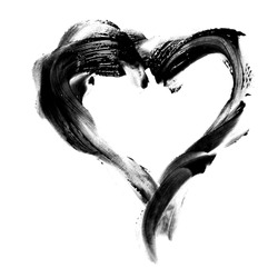 Black and white silhouette of heart with oil paint texture isolated on white background. Hand drawn effect. Symbol of love and passion for your design