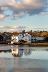 Woodbridge Tide Mill in Woodbridge, Suffolk, on the banks of the River Deben, England. A rare example of a tide mill were the water wheel still turns