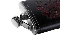 Metal flask in a leather case with a pattern depicting a doubleheaded eagle on a white background
