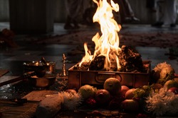 Indian Hindu Traditional Pooja. Vedic fire ceremony called Yagya. Indian wedding of vivah Yagya. items for the Indian Yajna ritual. the place of traditional Vedic sacrifice yagyashala